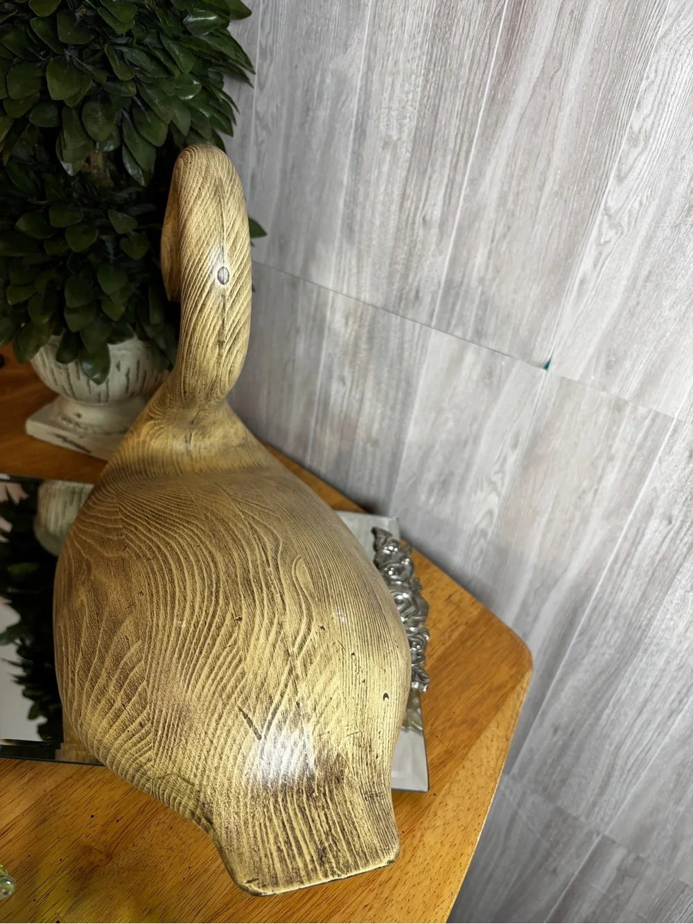 Vintage Large Faux Wood Grain Swan Sculpture Mid-Century Modern Coastal